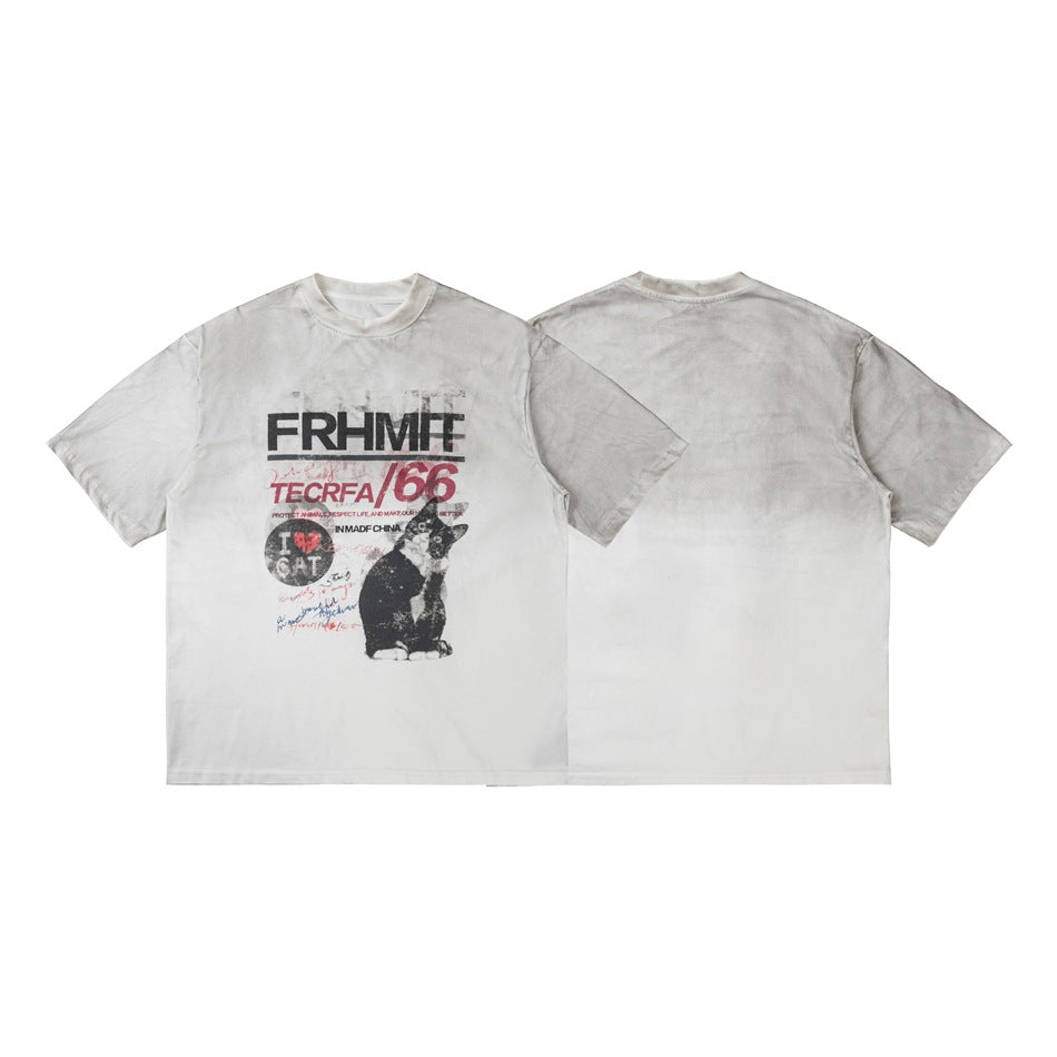 Off-white graphic T-shirt shown from front and back; the front has distressed red and black cat artwork.