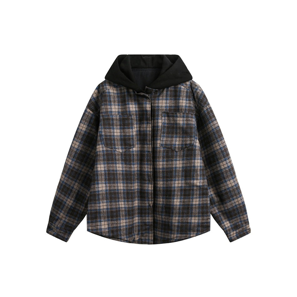 Front view of a brown, blue, and gray plaid hooded jacket with a black hood, button placket, and two chest pockets.