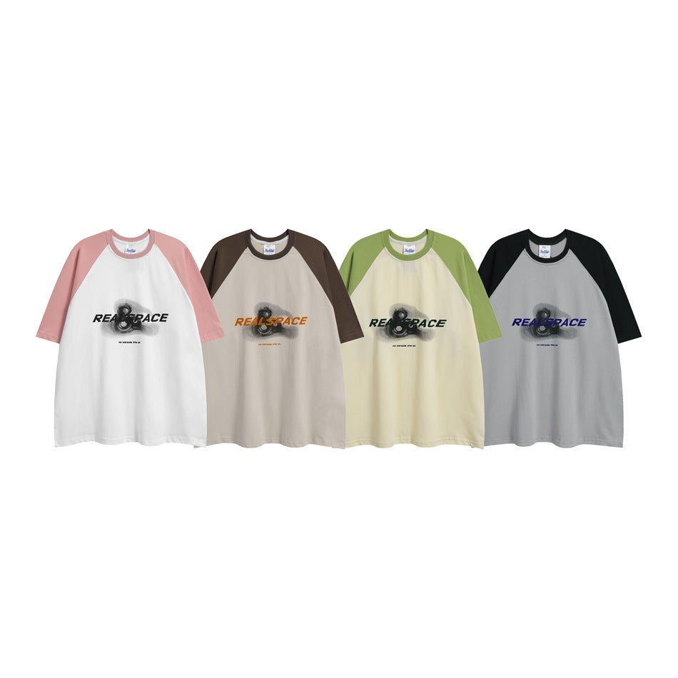 Four front-view raglan T-shirts in white with pink, beige with brown, cream with green, and gray with black sleeves.