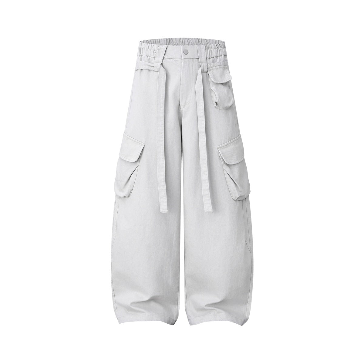 Light cement gray wide-leg cargo pants, front flat view, with side flap pockets, waist straps and elastic waistband