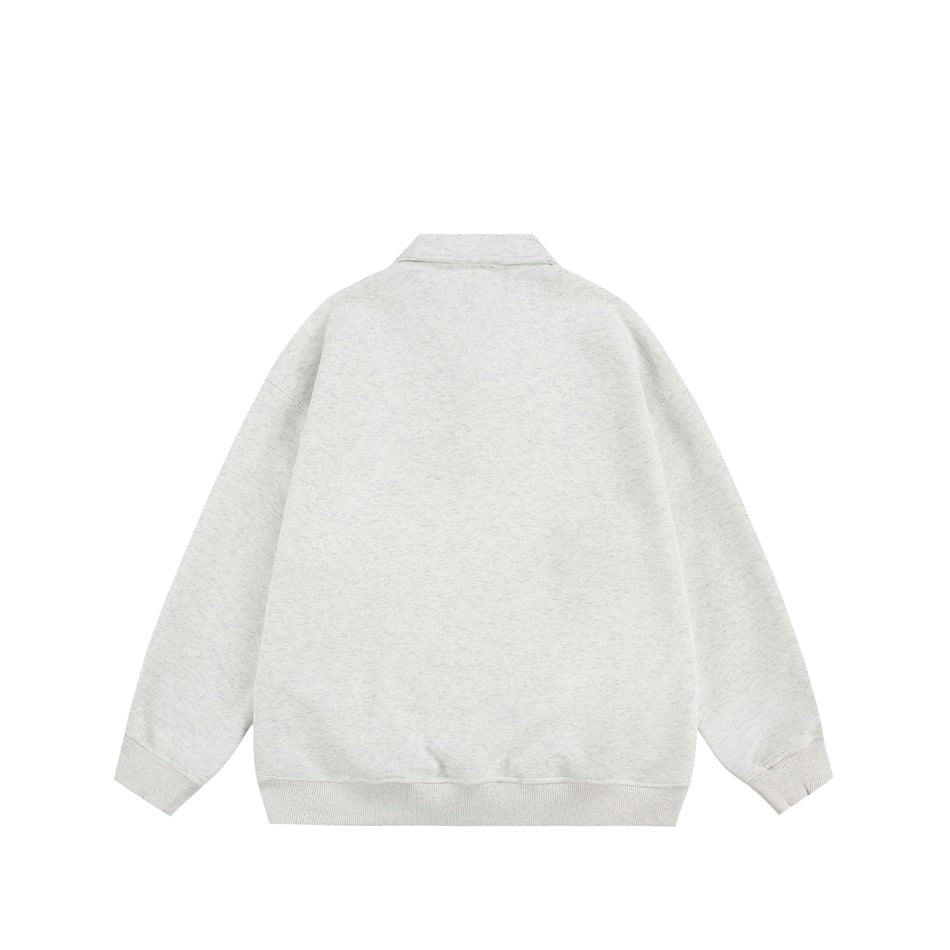 Back view of a light heather-gray collared pullover with long sleeves and ribbed cuffs and hem.