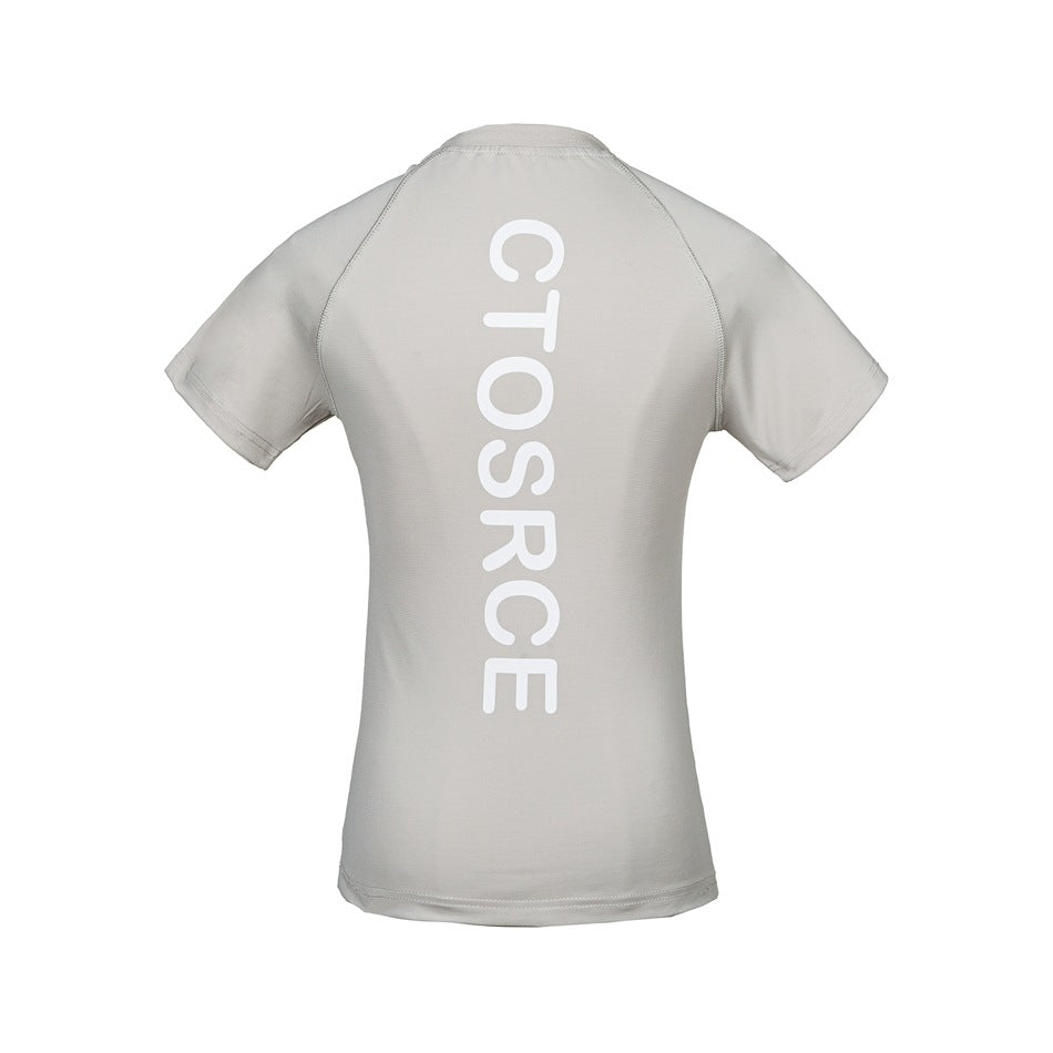 Back of a gray raglan short-sleeve T-shirt with a large white vertical print down the center