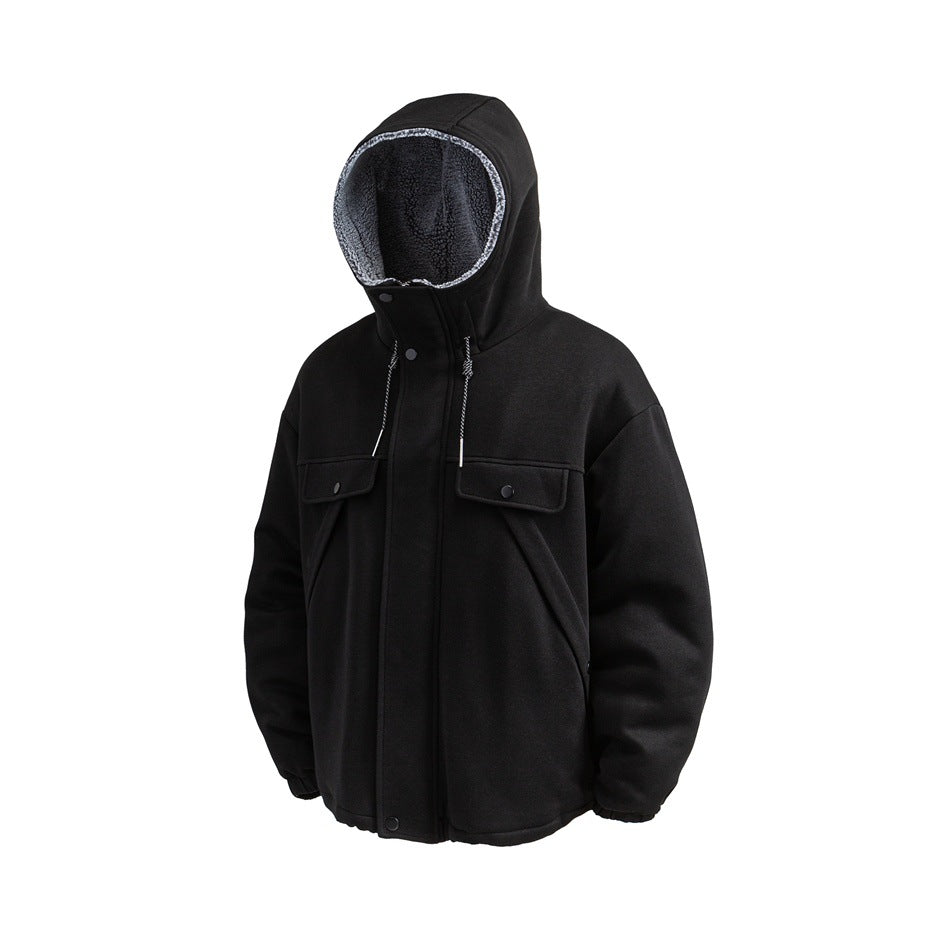 Black hooded jacket in three-quarter front view showing flap pockets, front zip and fleece-like hood lining