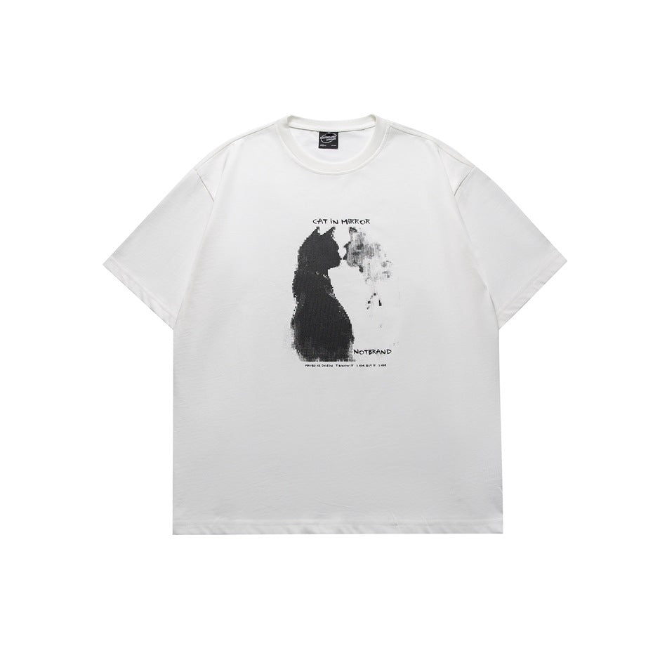 White short-sleeve crew neck T-shirt with a pixelated black cat silhouette graphic and 'CAT IN MIRROR' text on the chest