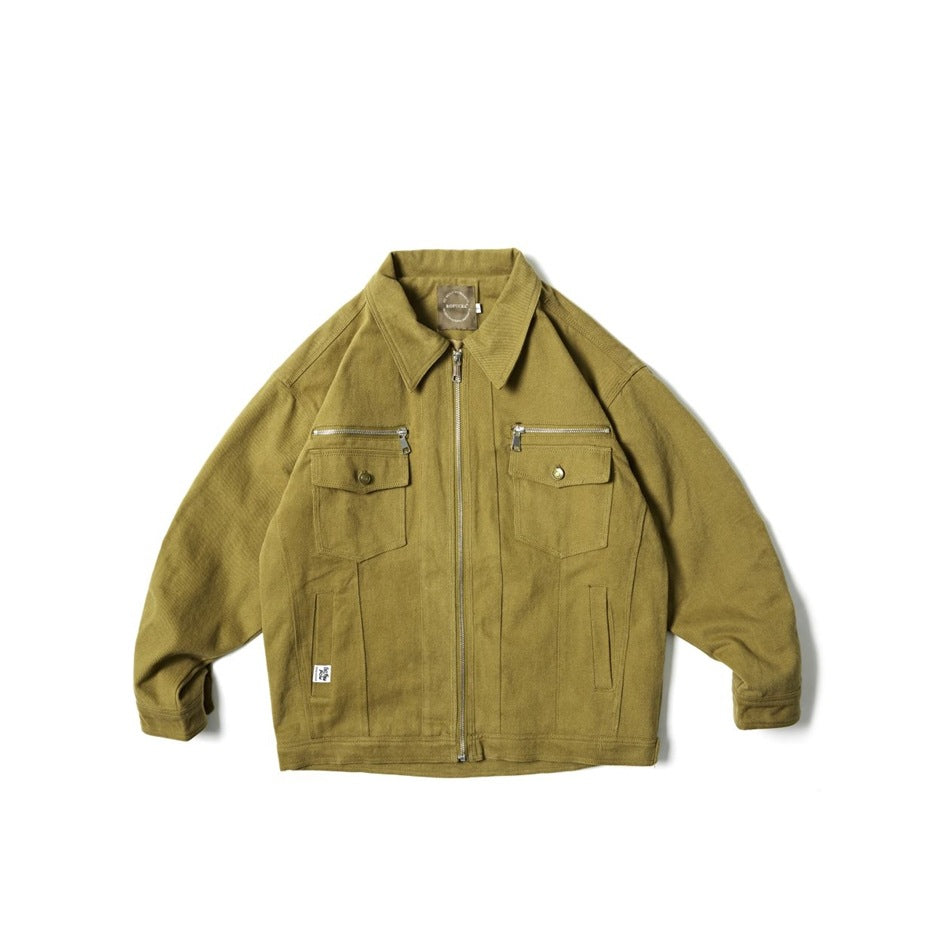 Earthy yellow zip-front jacket with collar, chest flap pockets and zipper pocket openings, flat lay front view