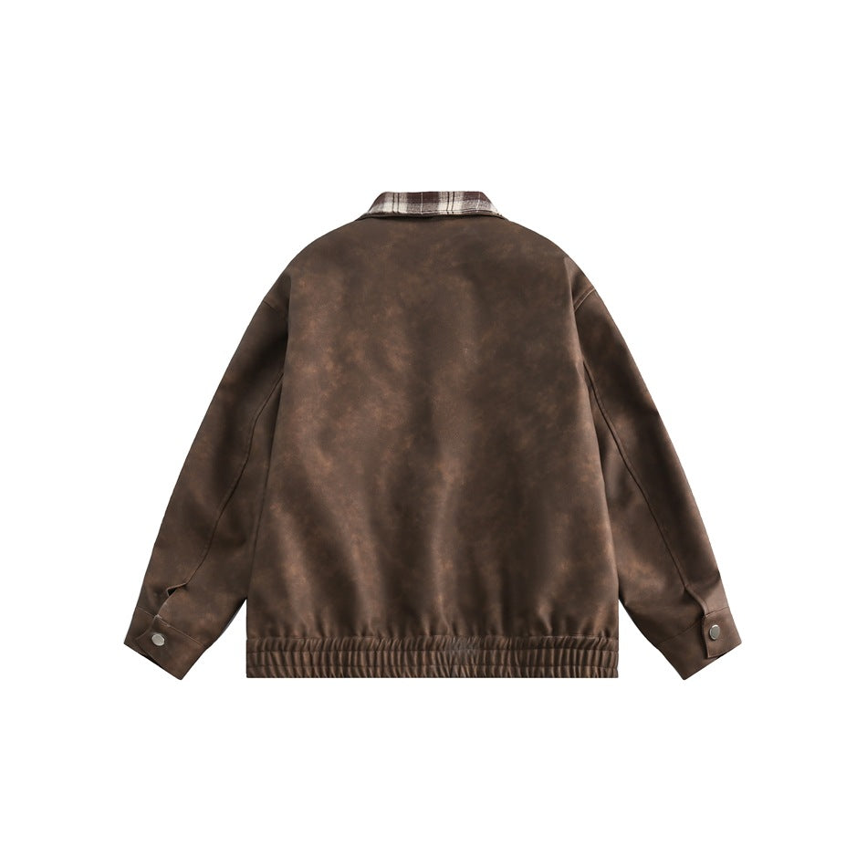 Back view of a mottled brown jacket with plaid collar, button cuffs, and gathered hem.