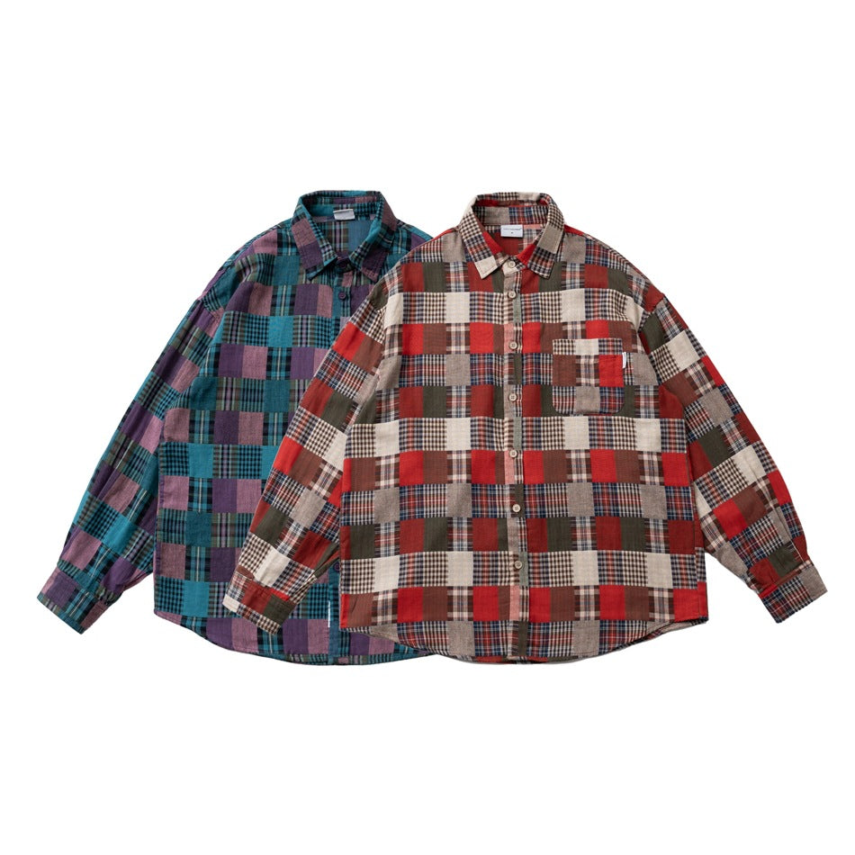 Two long-sleeve patchwork plaid button-up shirts, one red and cream and one teal and purple.