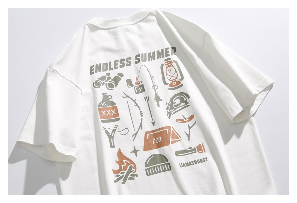 Back view of a white short-sleeve T-shirt laid flat, with an outdoor-themed graphic and “ENDLESS SUMMER” text.