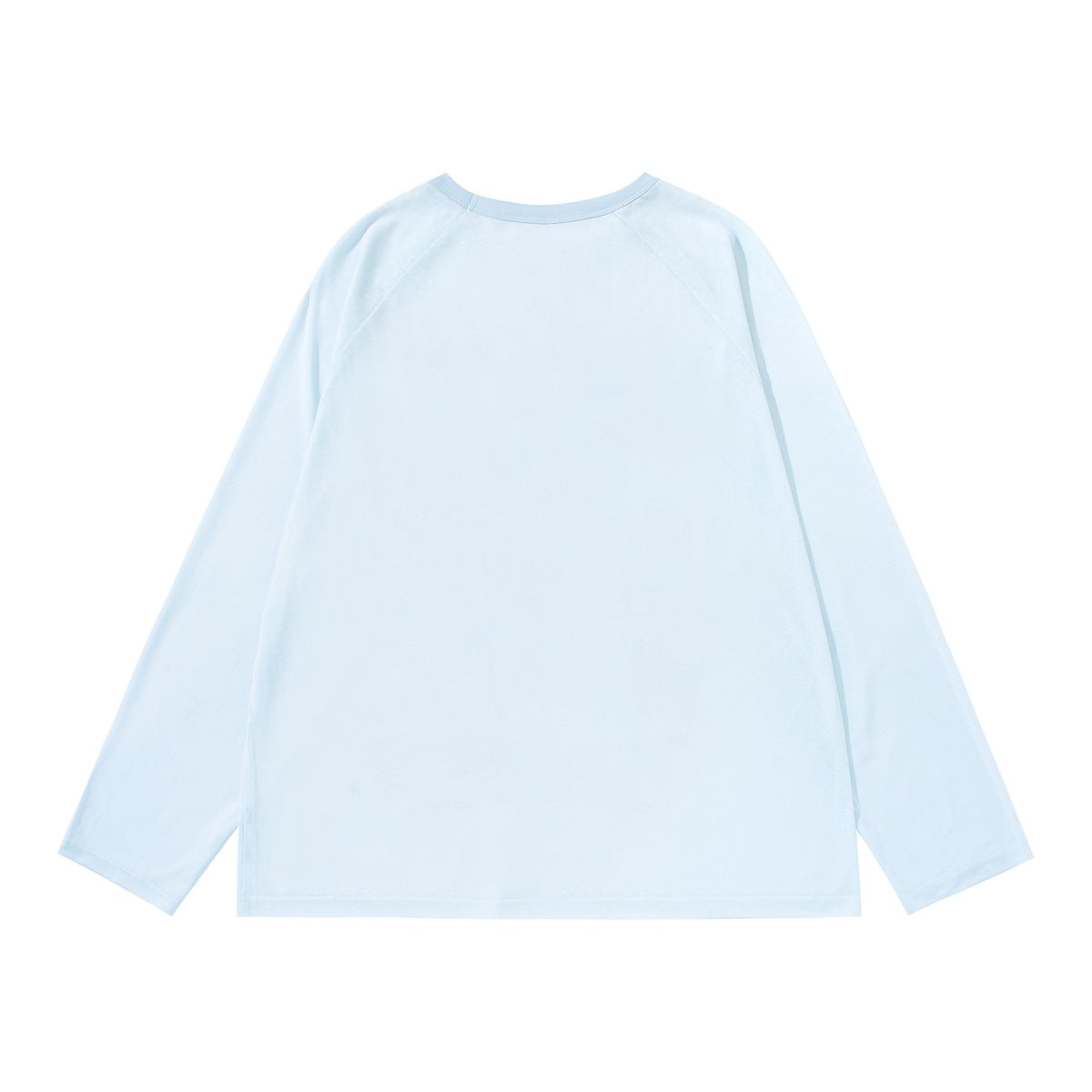 Back view of a pale blue long-sleeve crew-neck shirt, laid flat against a white background.