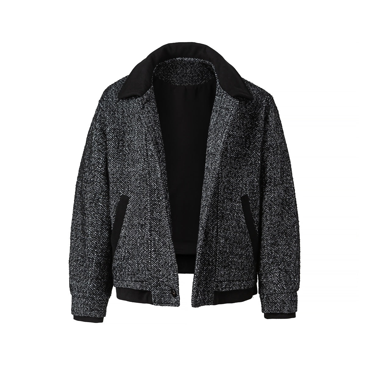 Herringbone jacket displayed open, showing black interior, collar, side pockets and ribbed hem