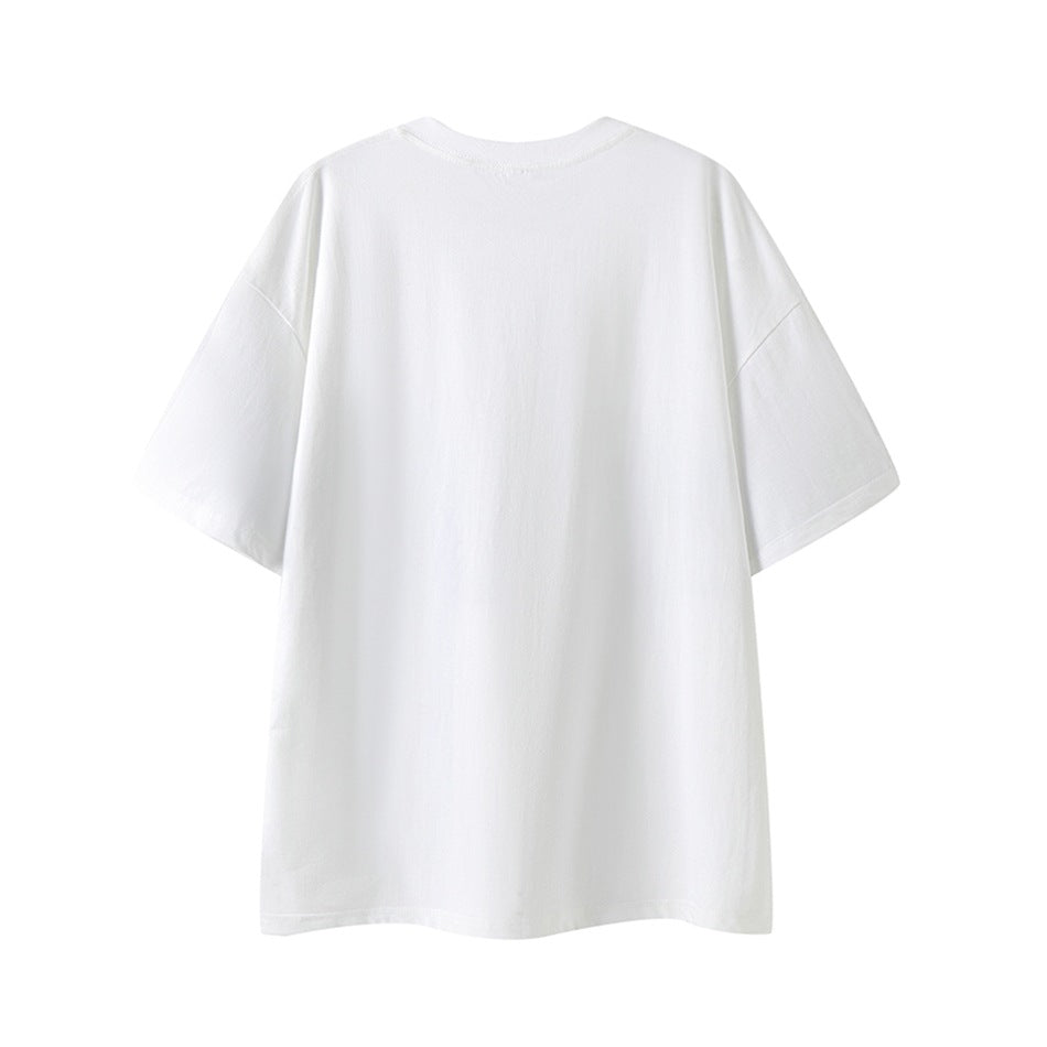 Back view of a plain white short-sleeve crew-neck T-shirt with dropped shoulders