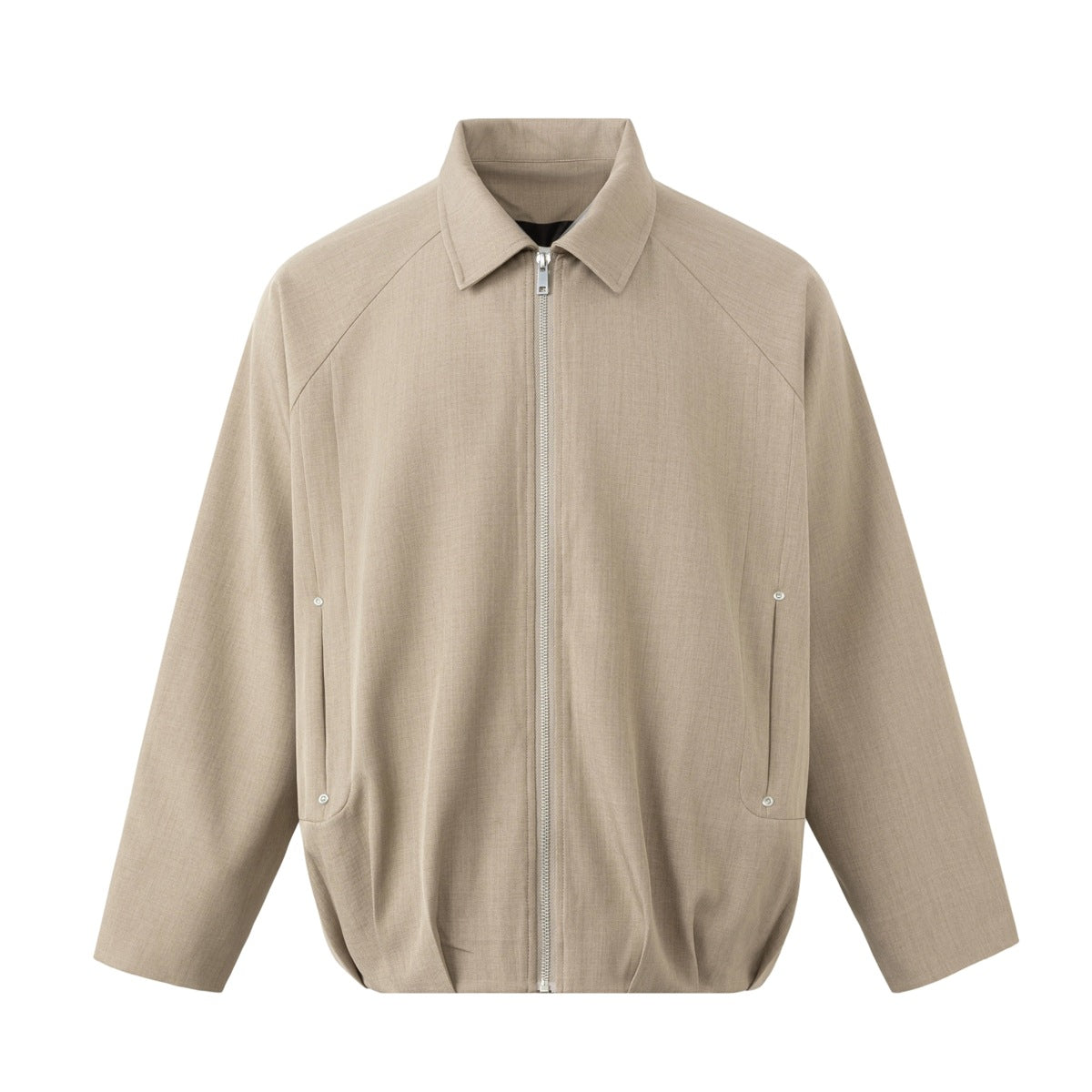 Khaki zip-front jacket with pointed collar, raglan sleeves, side snap pockets and pleated hem on a white background