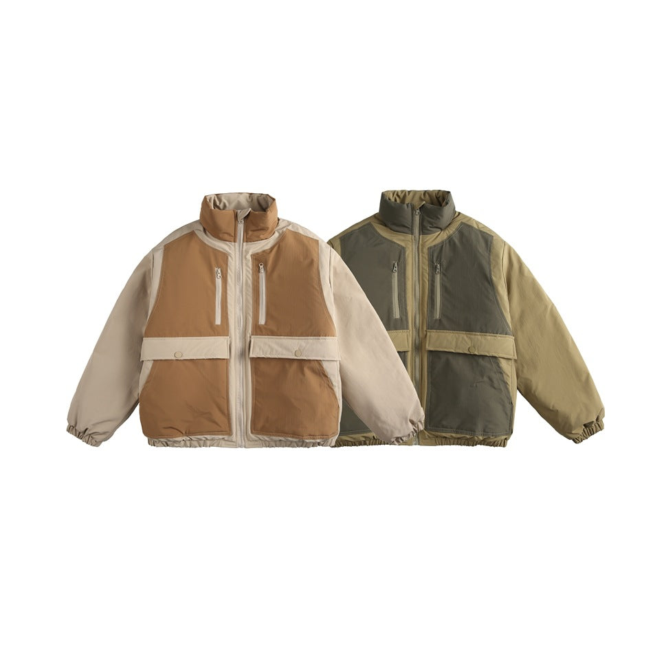 Two colorways of a stand-collar jacket shown from the front: beige and brown, and olive with dark green panels.