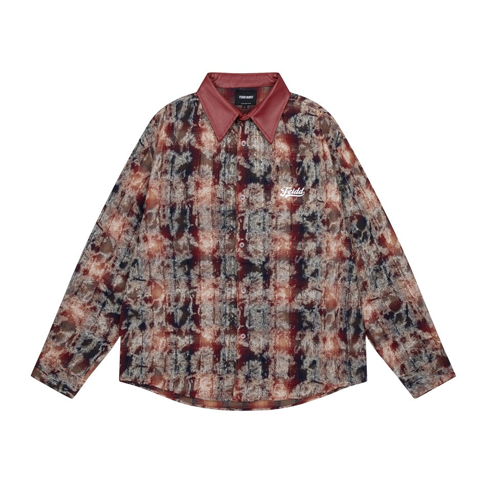 Burgundy tie-dye plaid long-sleeve button-up shirt with contrast pointed collar, flat lay front view