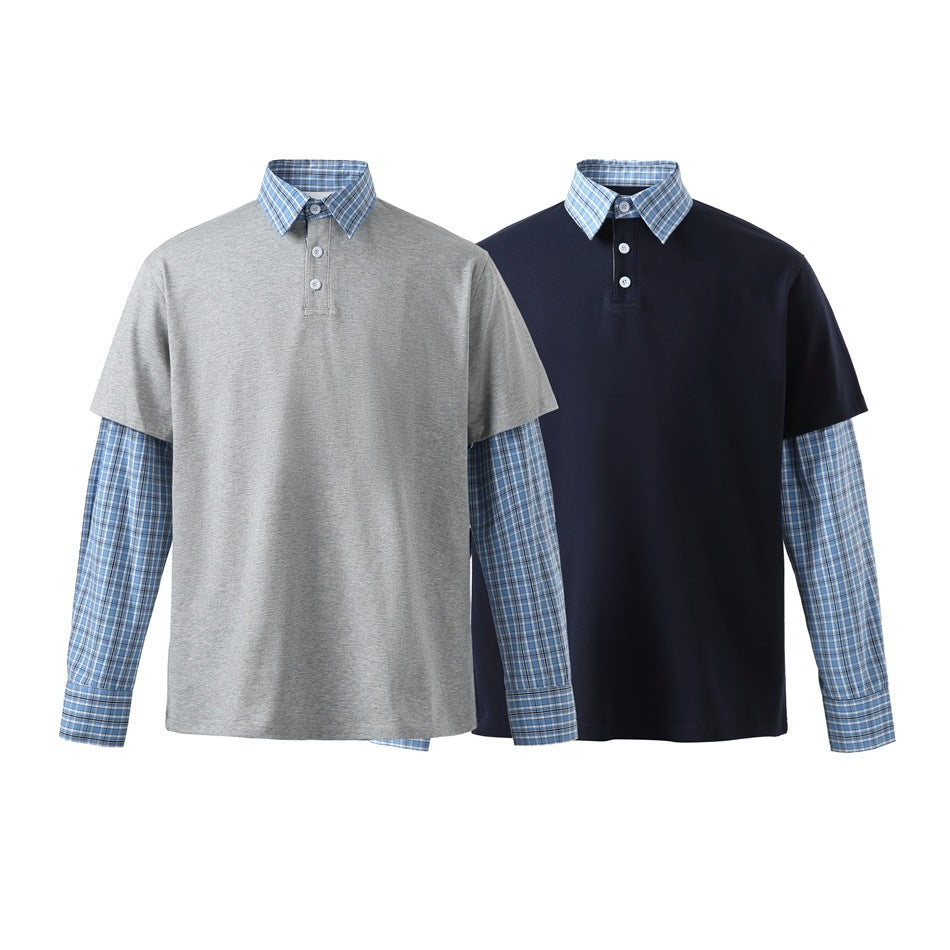 Two layered polo shirts in gray and navy, each with a blue plaid collar and long plaid sleeves beneath short sleeves.
