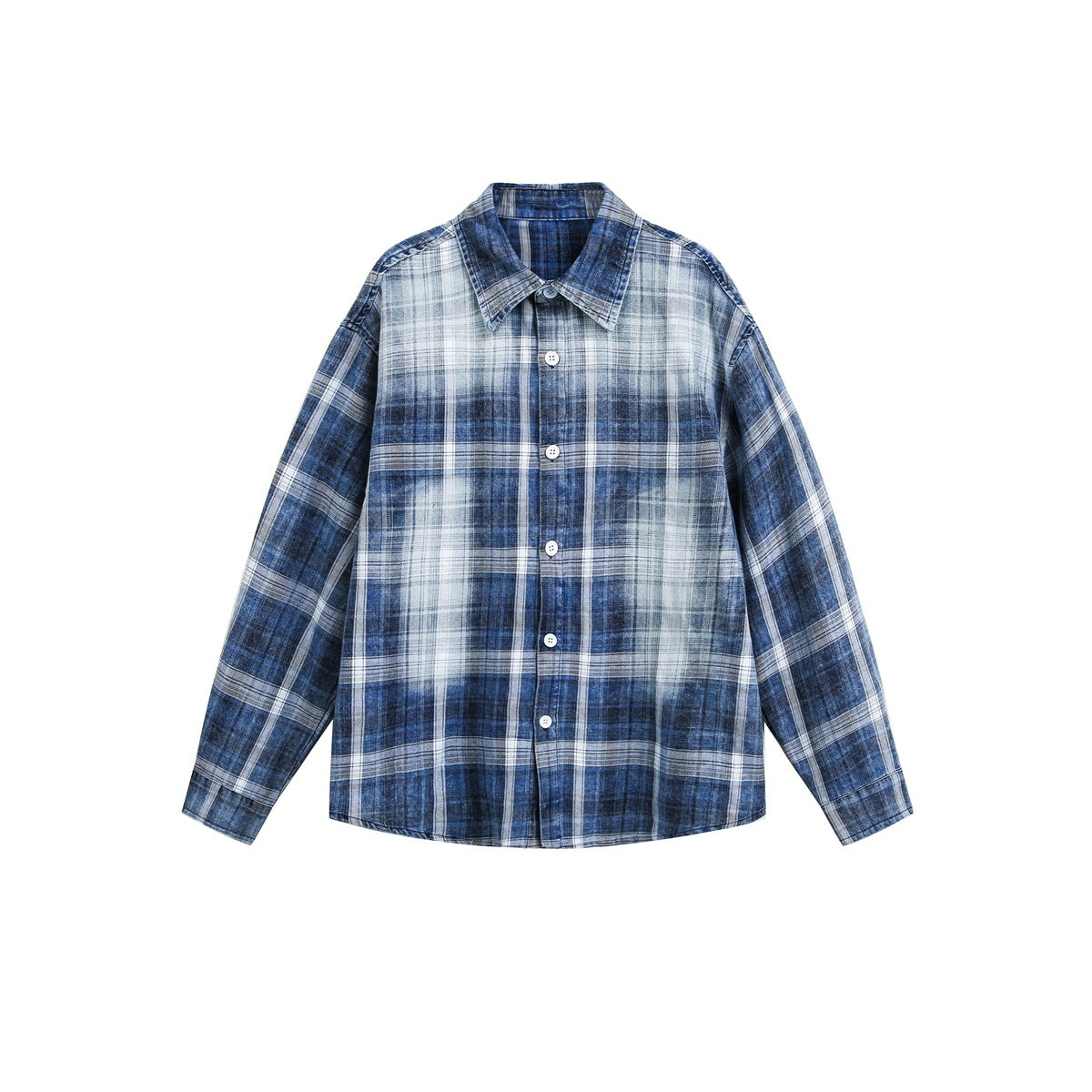 Blue and white washed plaid long-sleeve button-up shirt with pointed collar and white buttons, flat front view