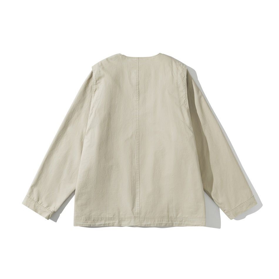 Back view of a light beige long-sleeved jacket with a straight hem and center-back seam.
