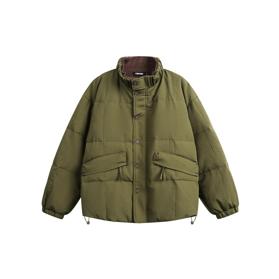 Olive green quilted stand-collar puffer jacket with snap buttons, flap pockets and a brown fleece-like collar lining