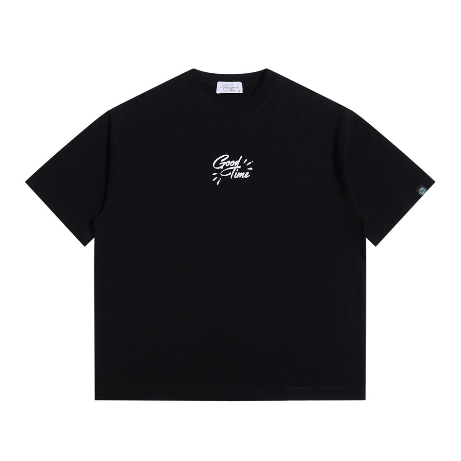 Black short-sleeve crew-neck T-shirt with small white Good Time script print on the chest, flat front view