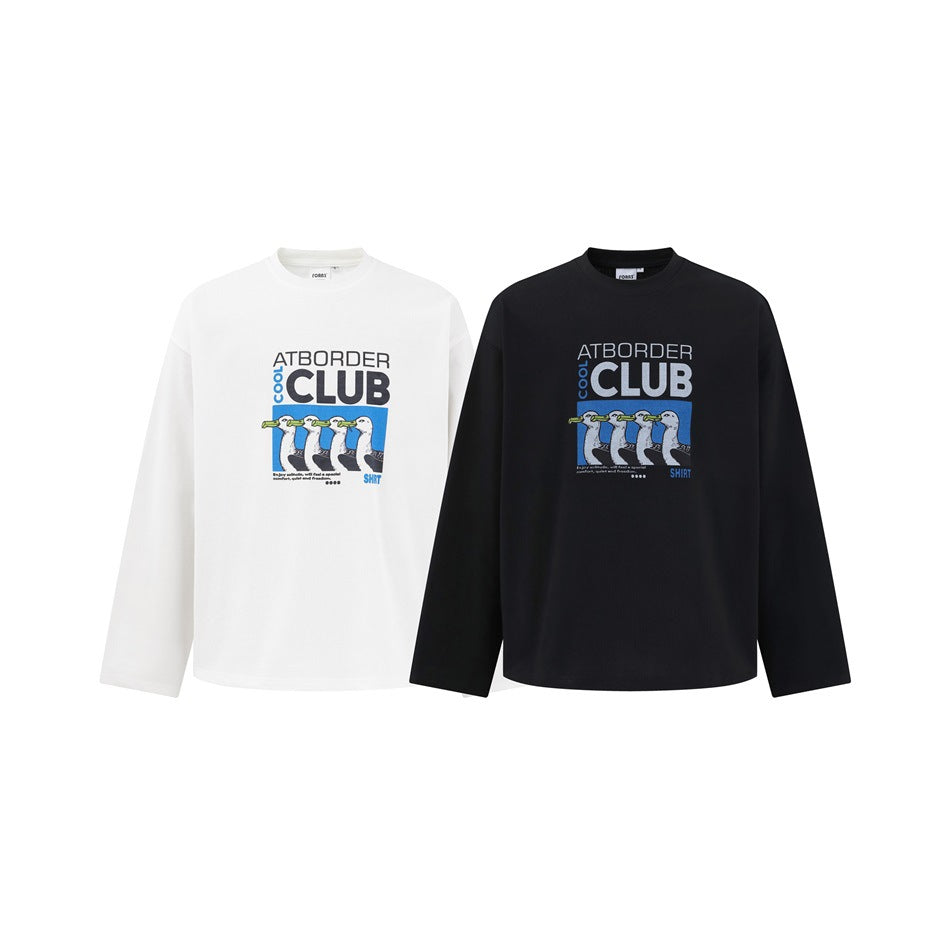 White and black long-sleeve crewneck shirts, each with a colorful duck graphic on the chest.