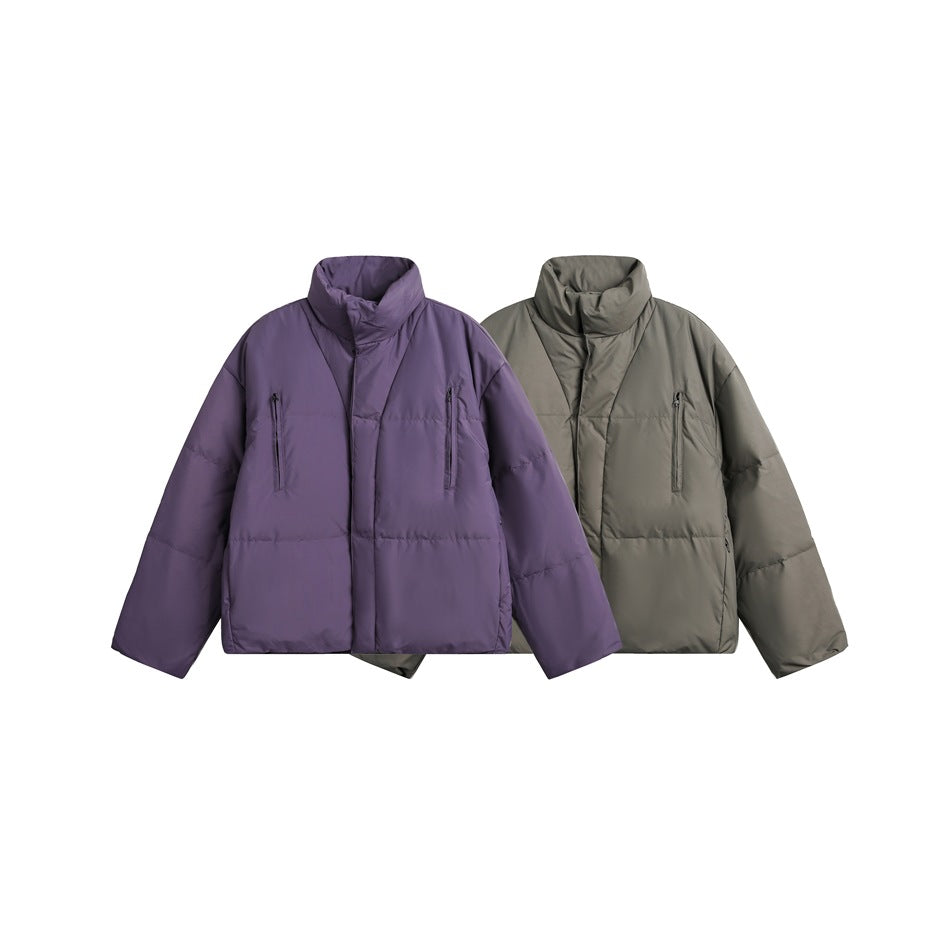 Front view of two padded jackets in purple and charcoal, with high collars and vertical zip pockets.