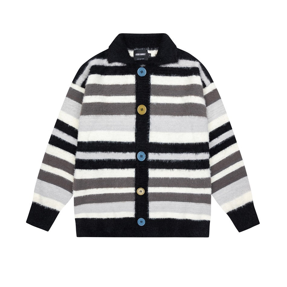 Black, gray and white striped button-front cardigan with collar and colorful buttons, flat lay front view