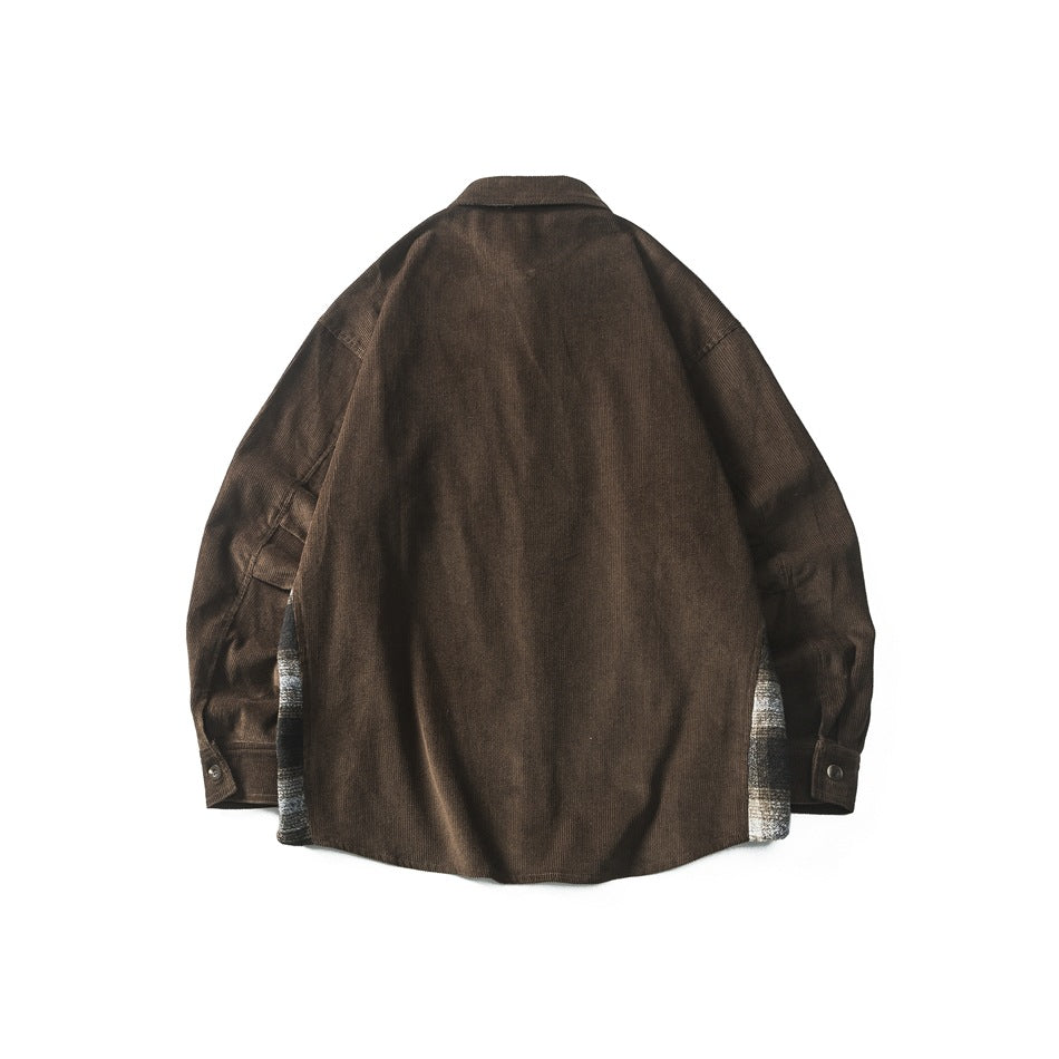 Back view of a brown corduroy button-up shirt laid flat, with plaid fabric visible at the side seams.