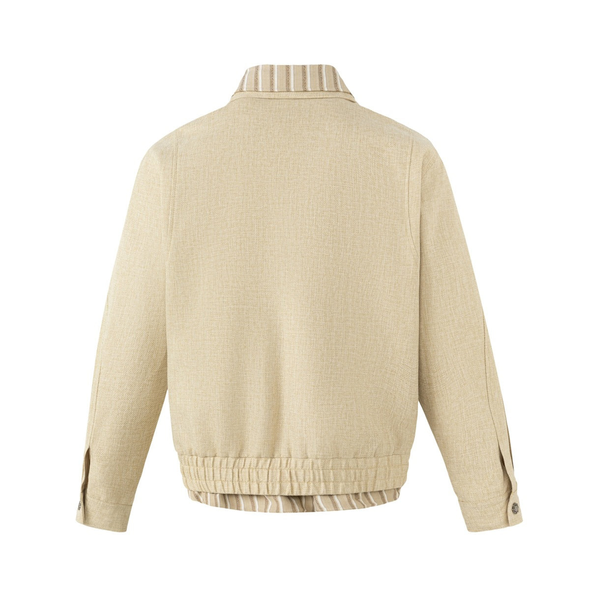 Back view of a beige jacket with a gathered hem and striped collar and under-hem details.