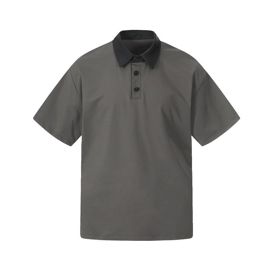 Dark gray short-sleeve polo-style top with black contrast collar and two-button placket, flat front view
