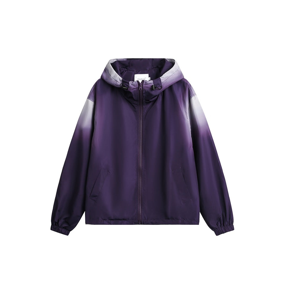 Purple hooded zip jacket with gradient fade to light lilac at hood and shoulders, flat front view