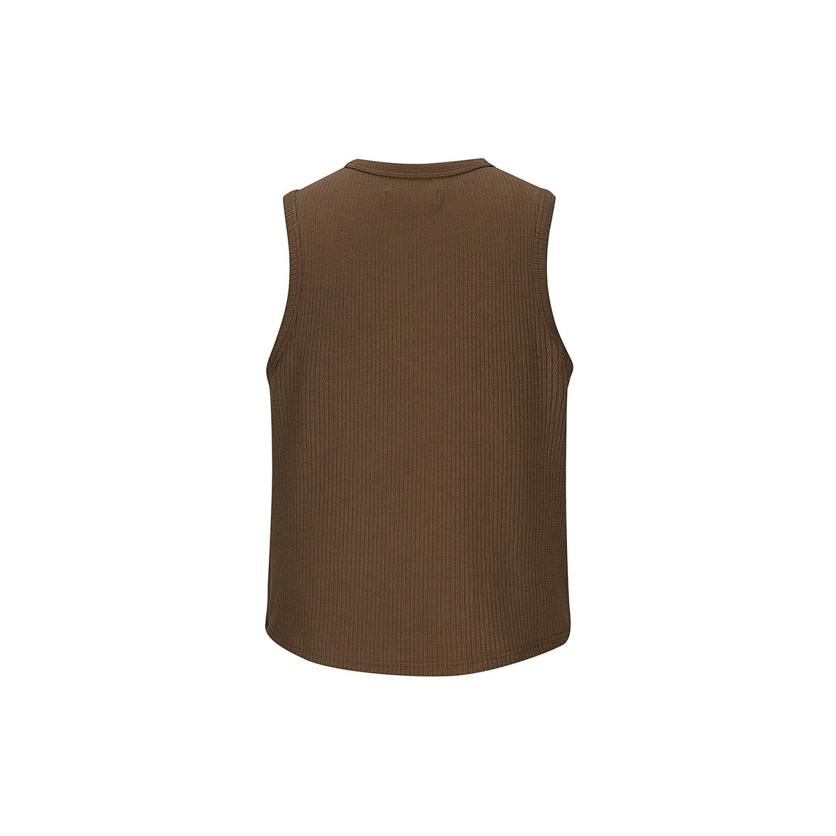 Back view of a brown sleeveless ribbed tank top with a rounded hem.
