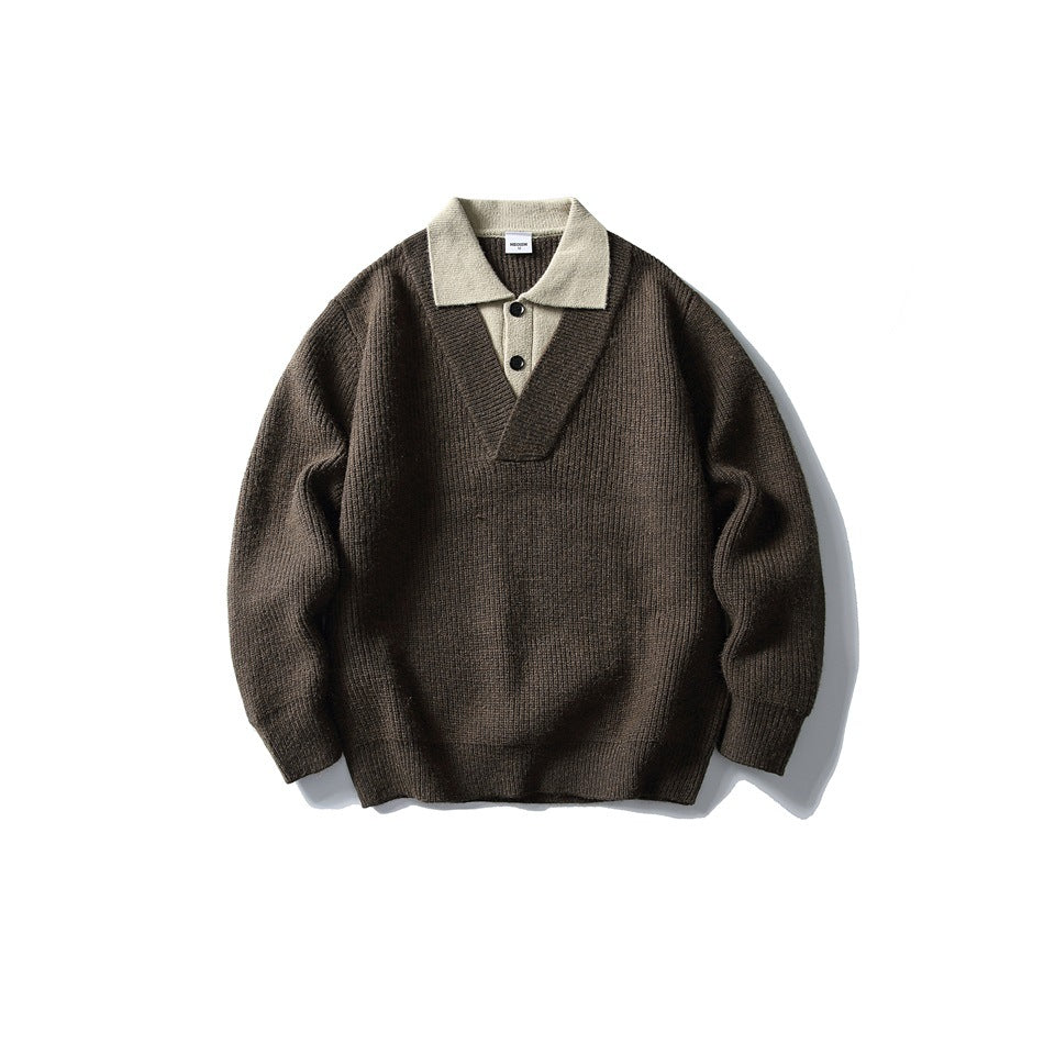 Brown ribbed-knit V-neck sweater with beige polo-style collar and two buttons, flat lay front view