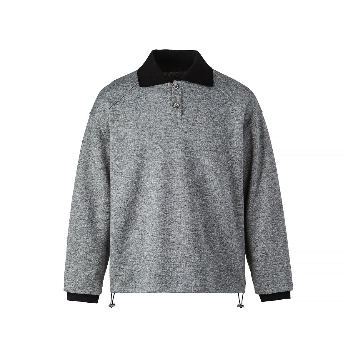 Light gray heathered polo-collar pullover with black collar, two buttons, black cuffs and hem drawcord, flat front view