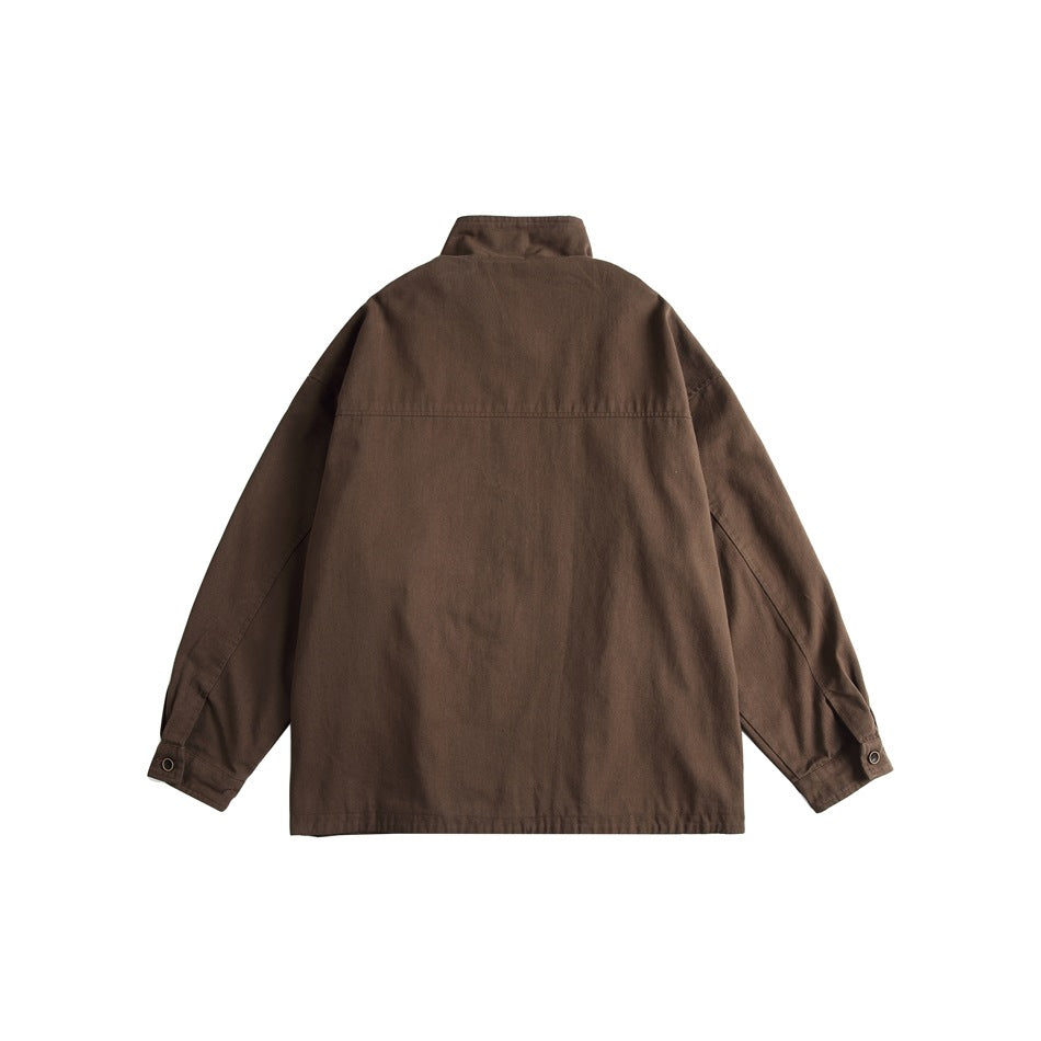 Back view of a brown stand-collar jacket with long sleeves and buttoned cuffs.