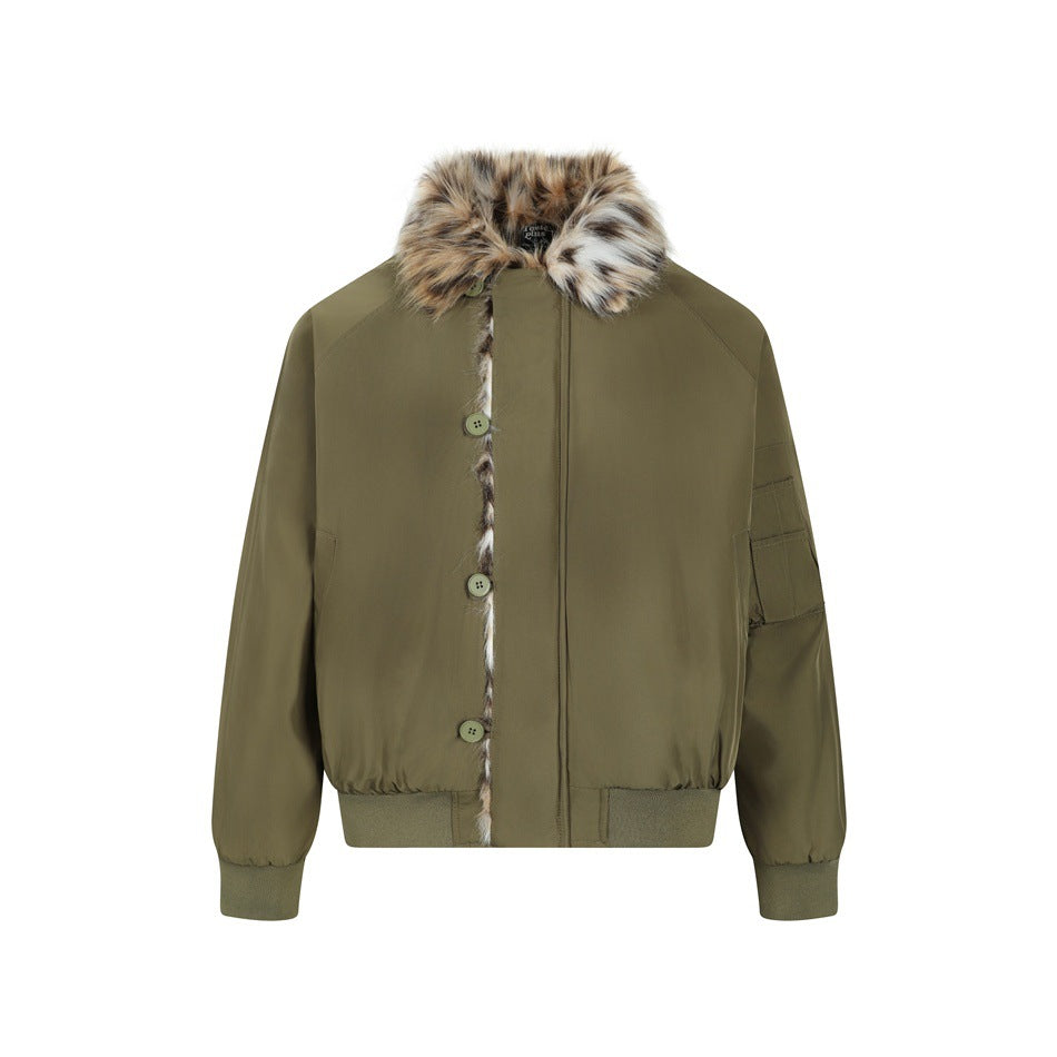 Front view of an olive bomber jacket with a spotted faux-fur collar, button placket, zipper, and rib-knit trim.