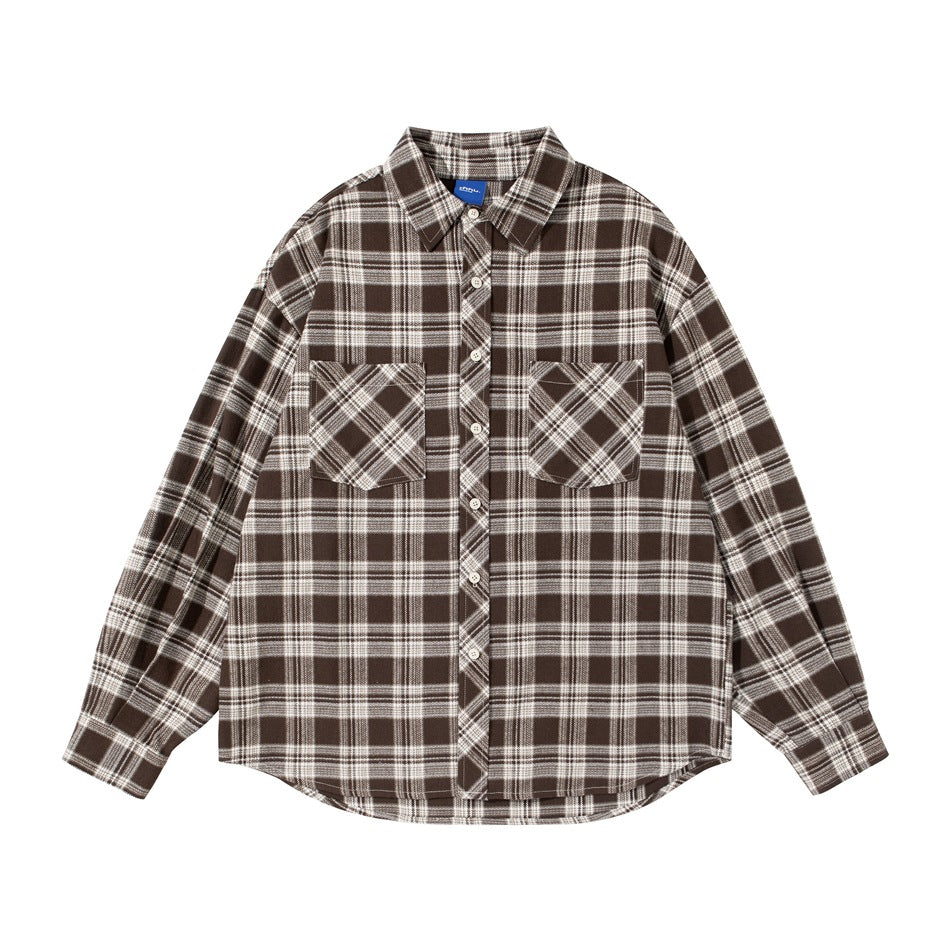 Brown and cream plaid long-sleeve button-up shirt with two chest flap pockets, flat lay front view