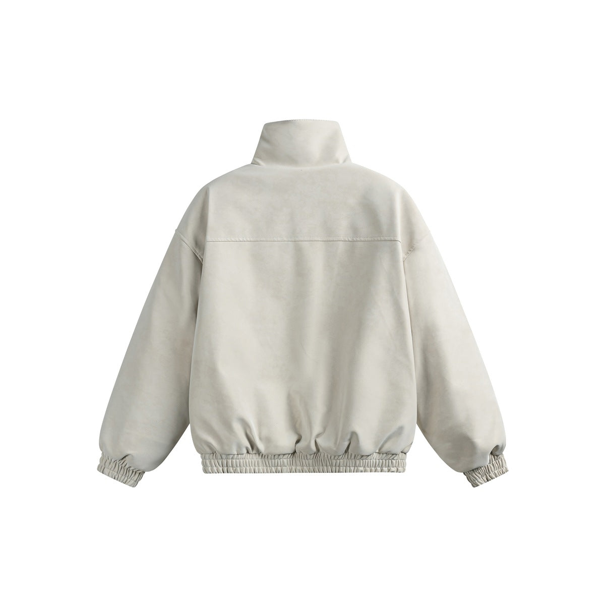 Back view of an ivory jacket with a high collar, dropped shoulders, long sleeves, and gathered elastic cuffs and hem.