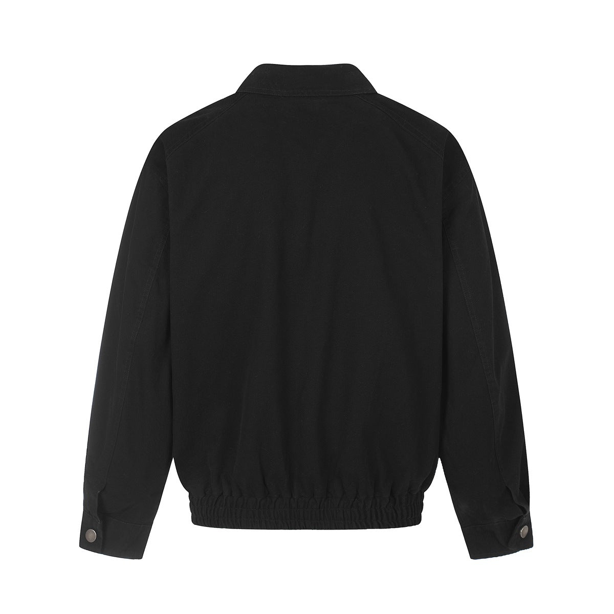 Back view of a black jacket with a pointed collar, raglan sleeves, and gathered hem.