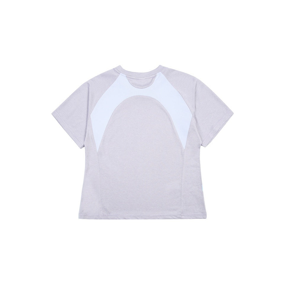 Flat front view of a pale lavender short-sleeve crew-neck tee with white curved panels.