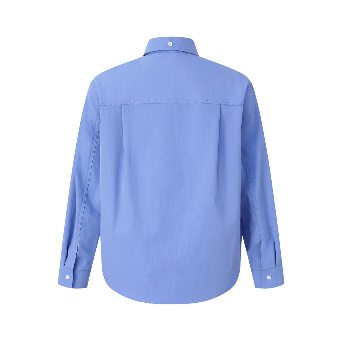 Back view of a light blue long-sleeve button-down shirt with a buttoned collar and curved hem.