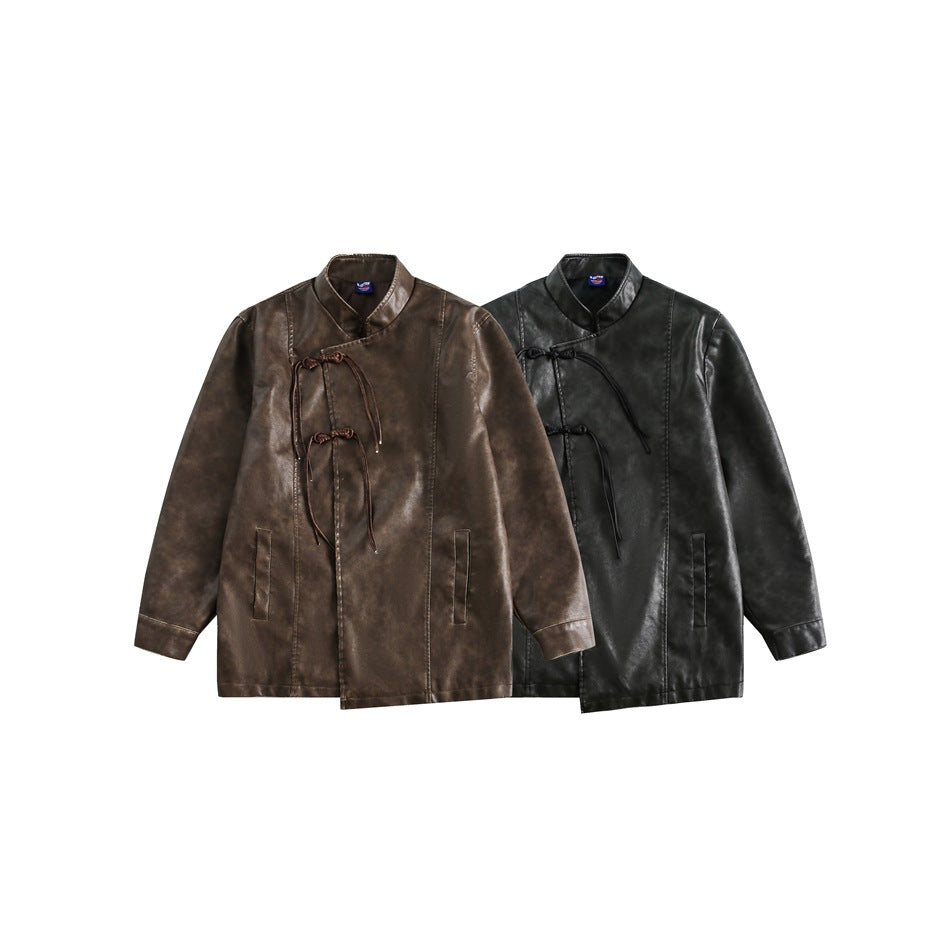 Two front-facing jackets shown together in brown and black, each with a stand collar and knotted cord closures.