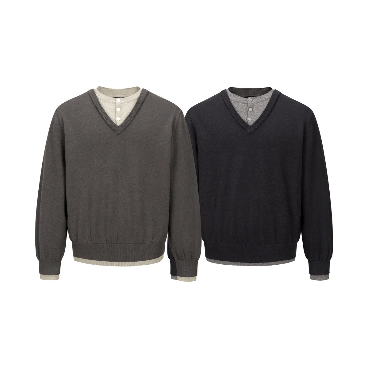 Two long-sleeve V-neck sweaters shown from the front: charcoal with beige accents and black with gray accents.