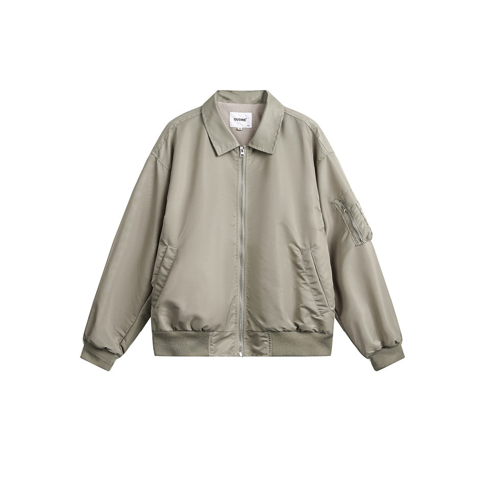 Khaki bomber-style jacket with collar, front zipper, ribbed cuffs and hem, and a zippered sleeve pocket, flat front view