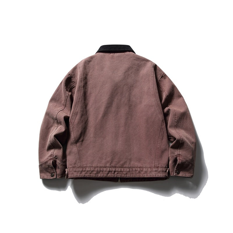Back view of a mauve-brown jacket with a black collar, long sleeves, and a straight hem.