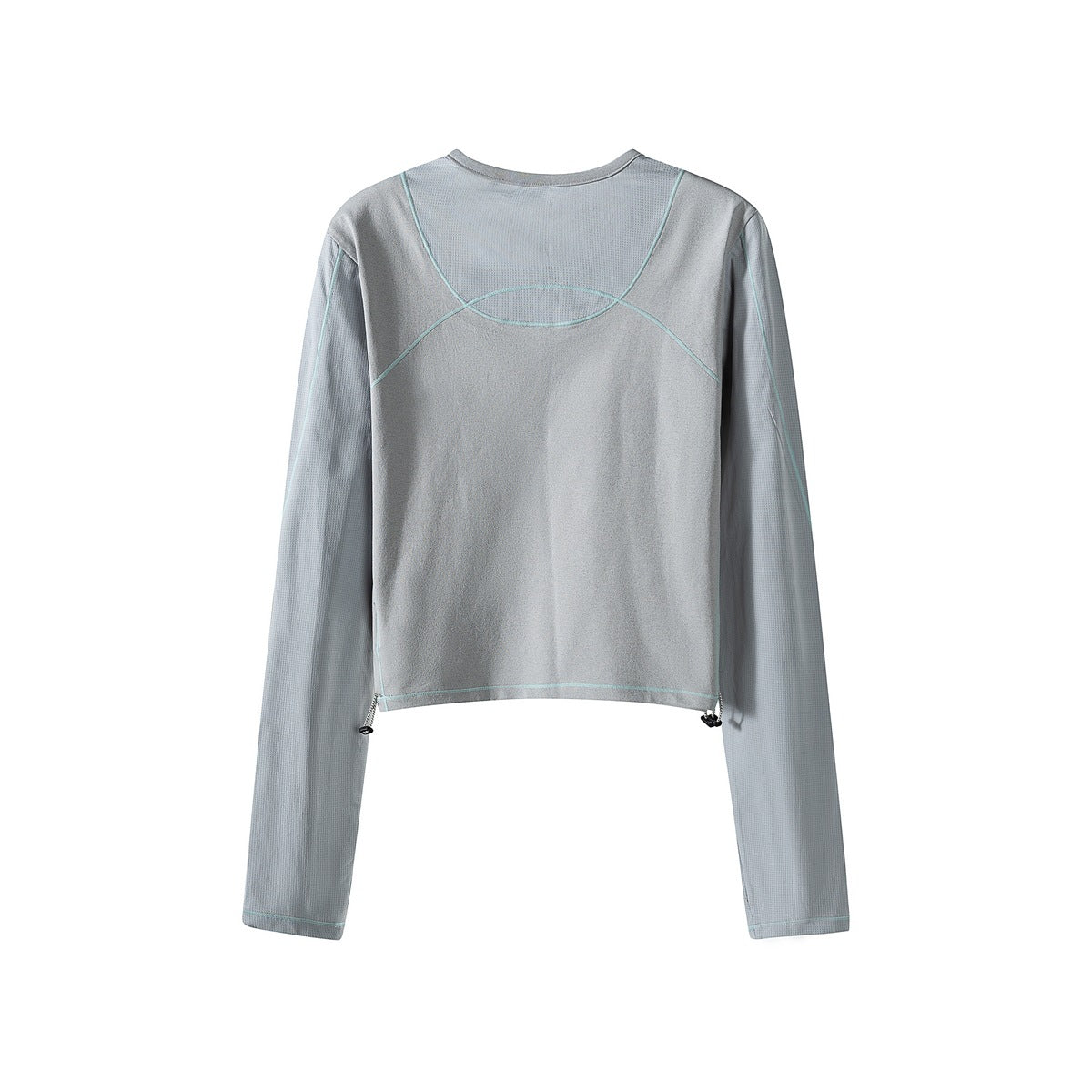 Back view of a blue-gray cropped long-sleeve top with aqua contrast piping and adjustable hem cords.