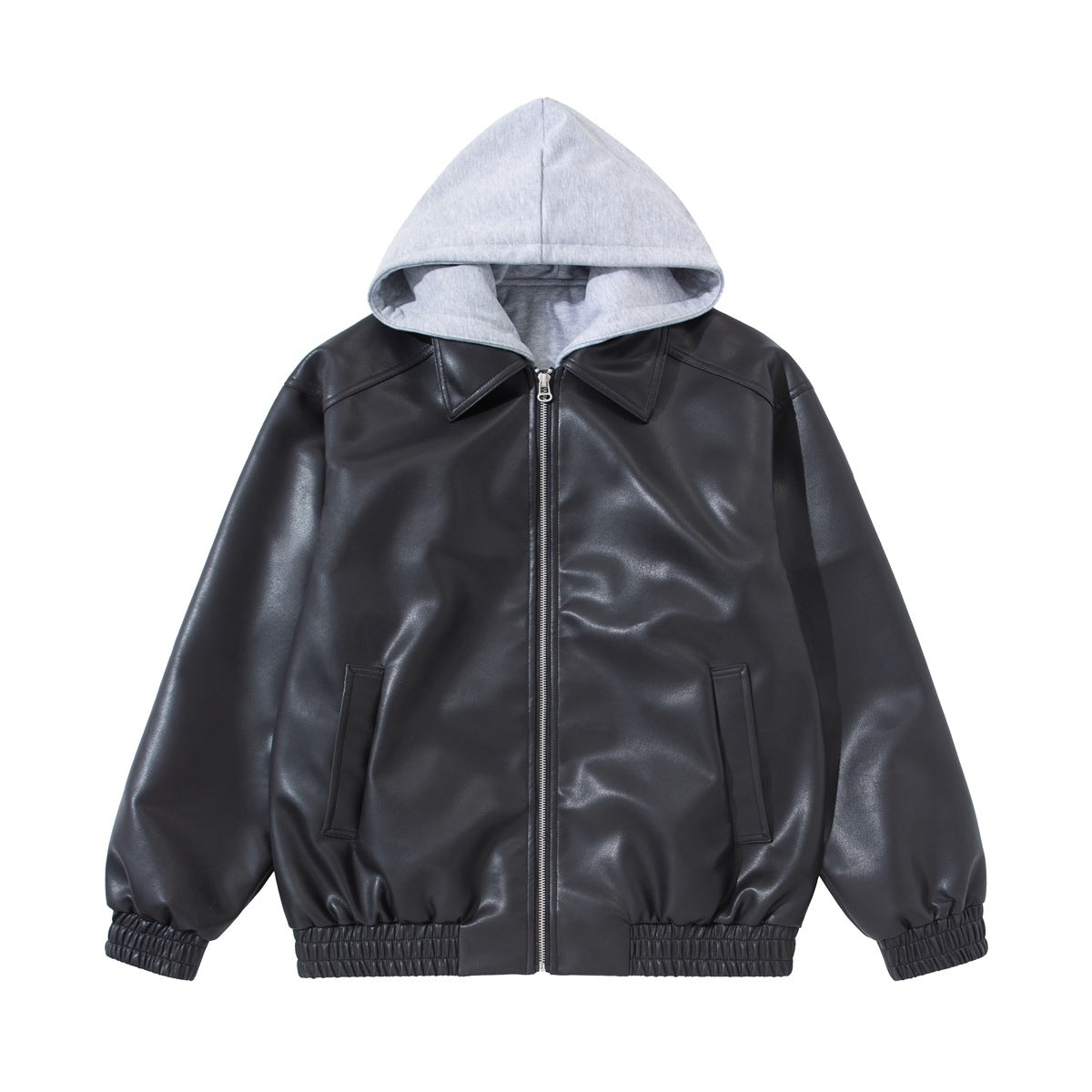 Black faux-leather zip jacket with pointed collar, gray jersey hood, slanted pockets and elastic hem, flat lay front view
