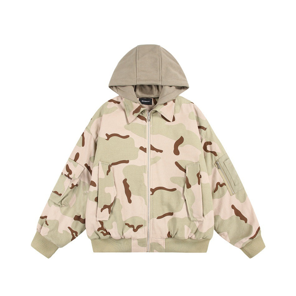 Camouflage zip-up jacket with khaki hood, flap pockets and ribbed cuffs, front view on white background