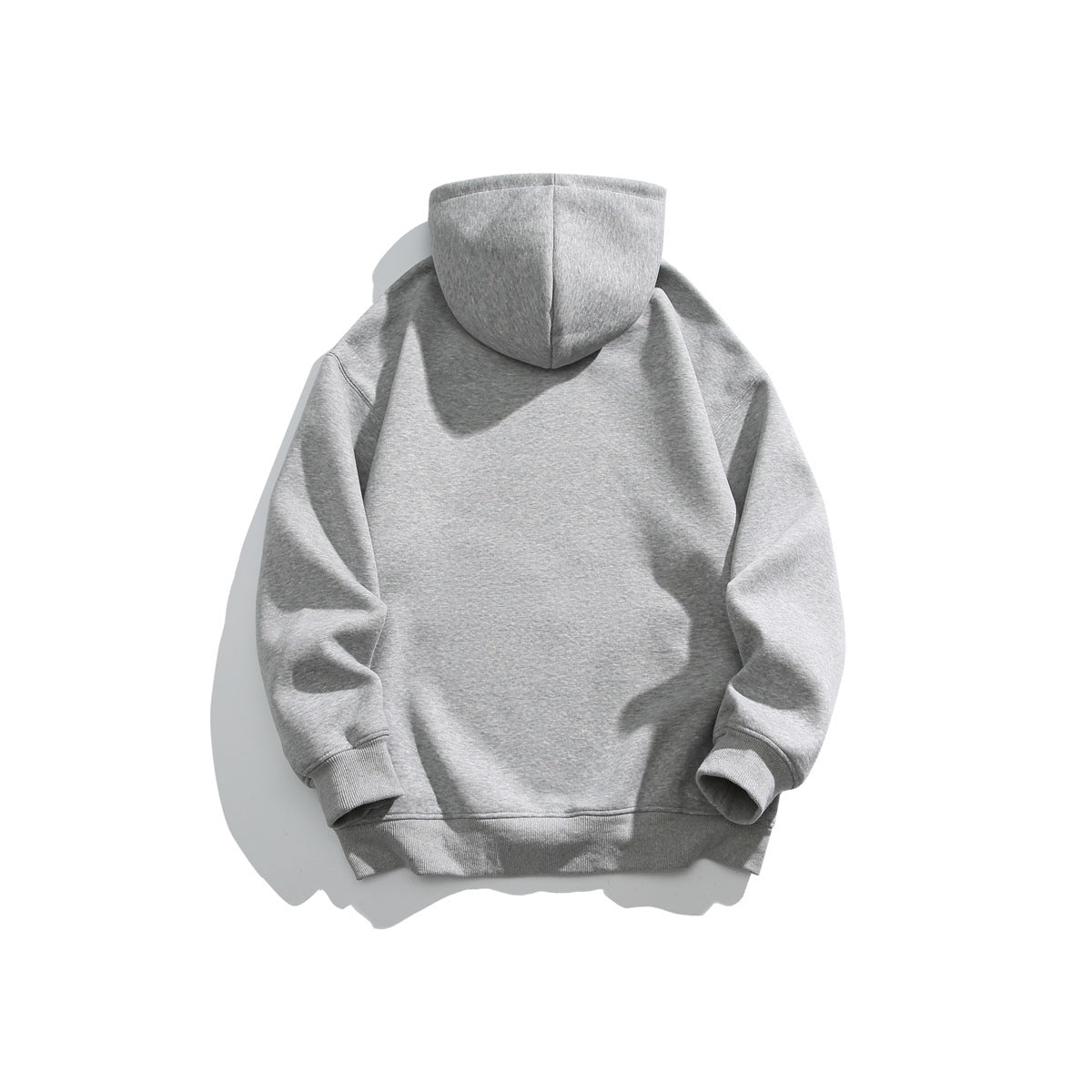 Full back view of a heather gray pullover hoodie with an attached hood and plain back.