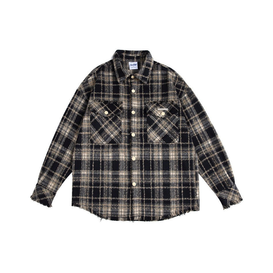 Black and beige plaid shirt-jacket flat lay with snap buttons, chest flap pockets and frayed hem