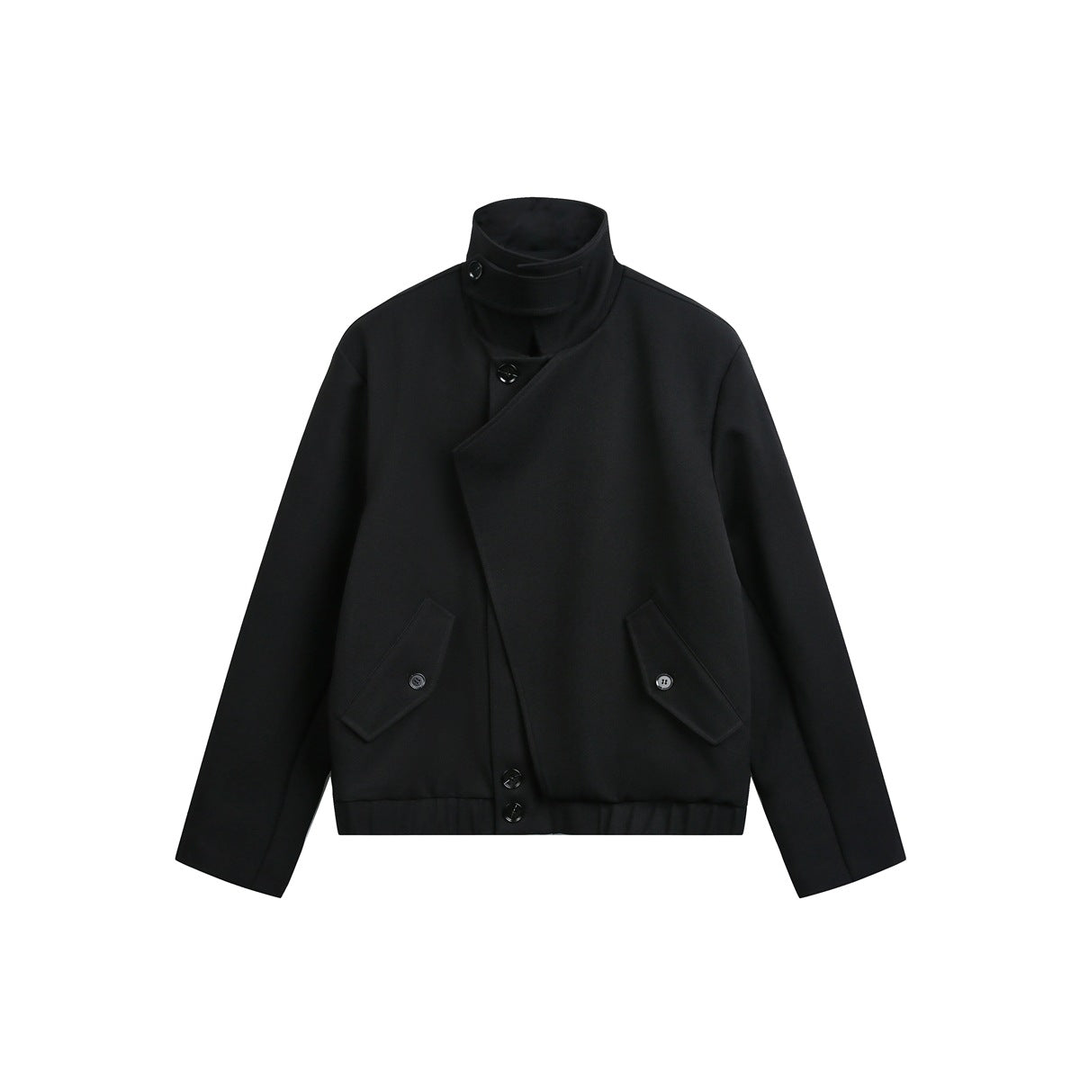Black cropped jacket flat lay with high stand collar, asymmetric front, flap pockets and elastic hem